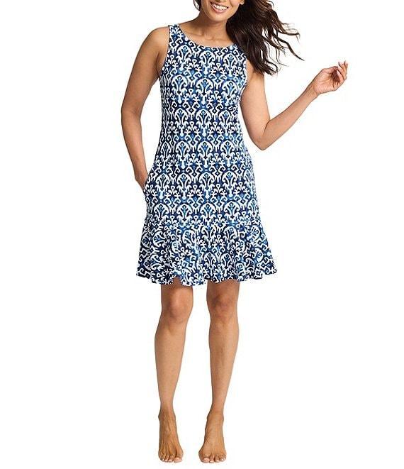 Tommy Bahama Island Cays Blooms Geometric Print Sleeveless Ruffle Hem Spa Dress Swim Cover-Up Product Image