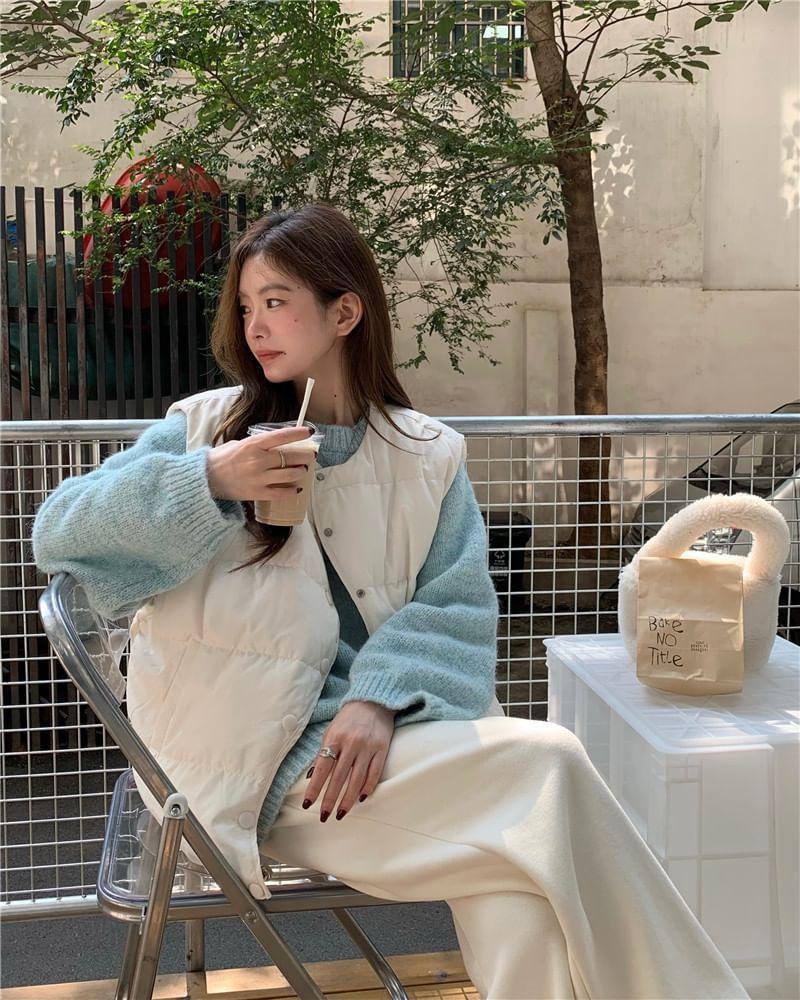 Round Neck Plain Button-Up Puffer Vest / Sweater Product Image