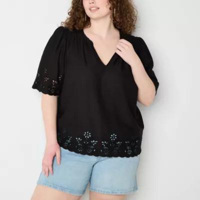 a.n.a Plus Eyelet Womens Split Crew Neck Elbow Sleeve Blouse Product Image