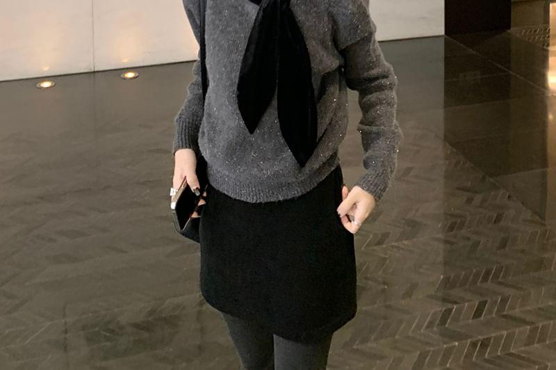 Tie Neck Panel Velvet Sweater Product Image