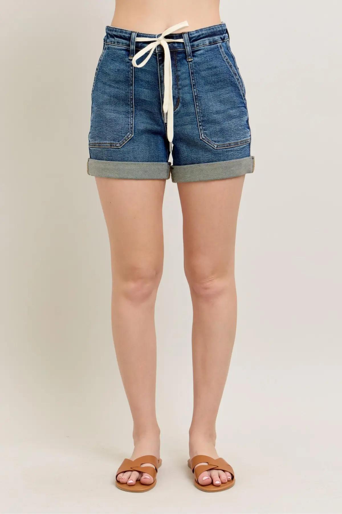 JUDY BLUE HI WAIST DARK DEN CUFF JOGGER SHORTS Product Image