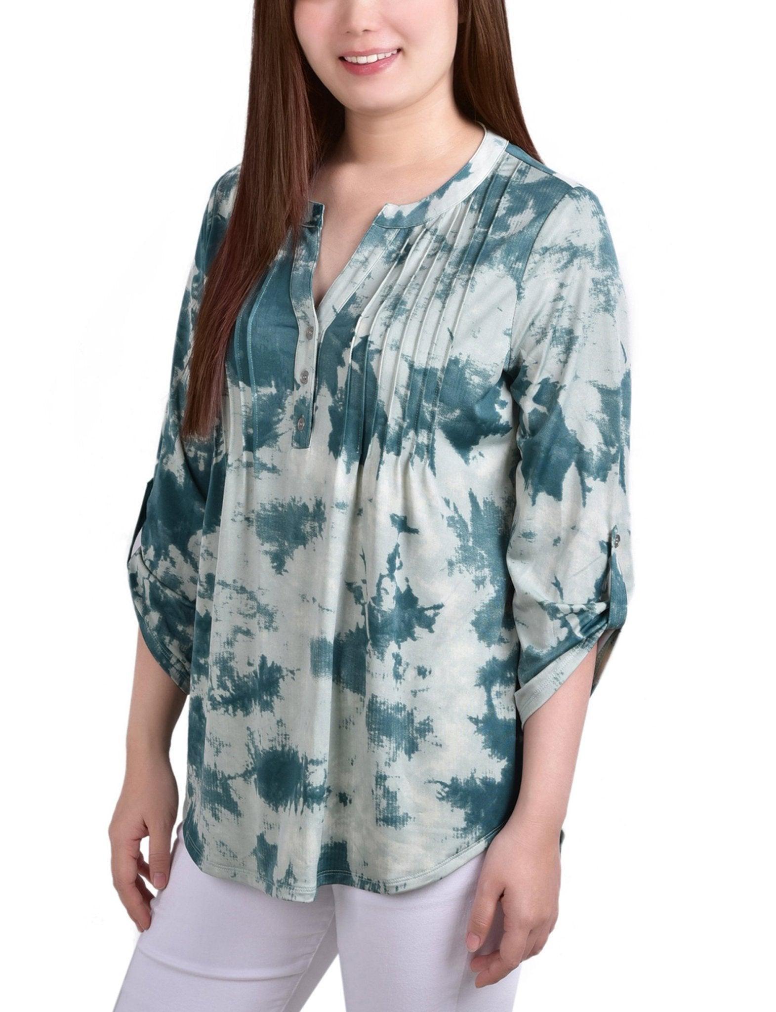 Seafoam Tiedye 3/4 Bell Sleeve Pleat Front Y Neck Top - Petite Product Image