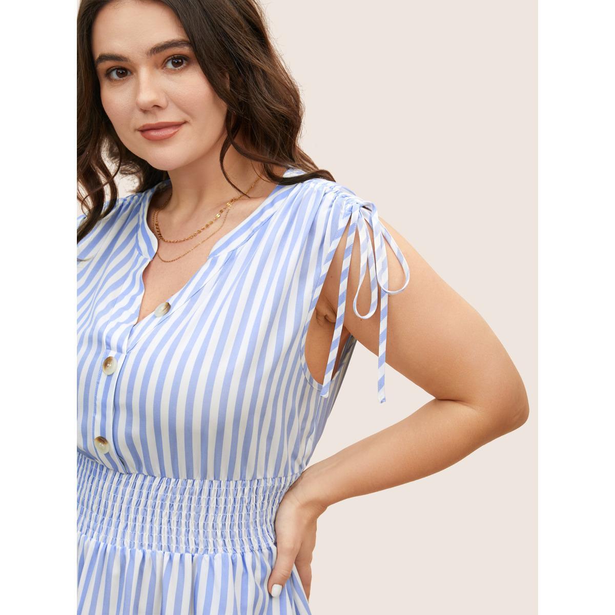 Plus Size Striped Drawstring Shirred Dolman Sleeve Dress Skyblue Women Work From Home Drawstring Flat collar with V-notch Sleeveless Curvy BloomChic 14-16/1X Product Image
