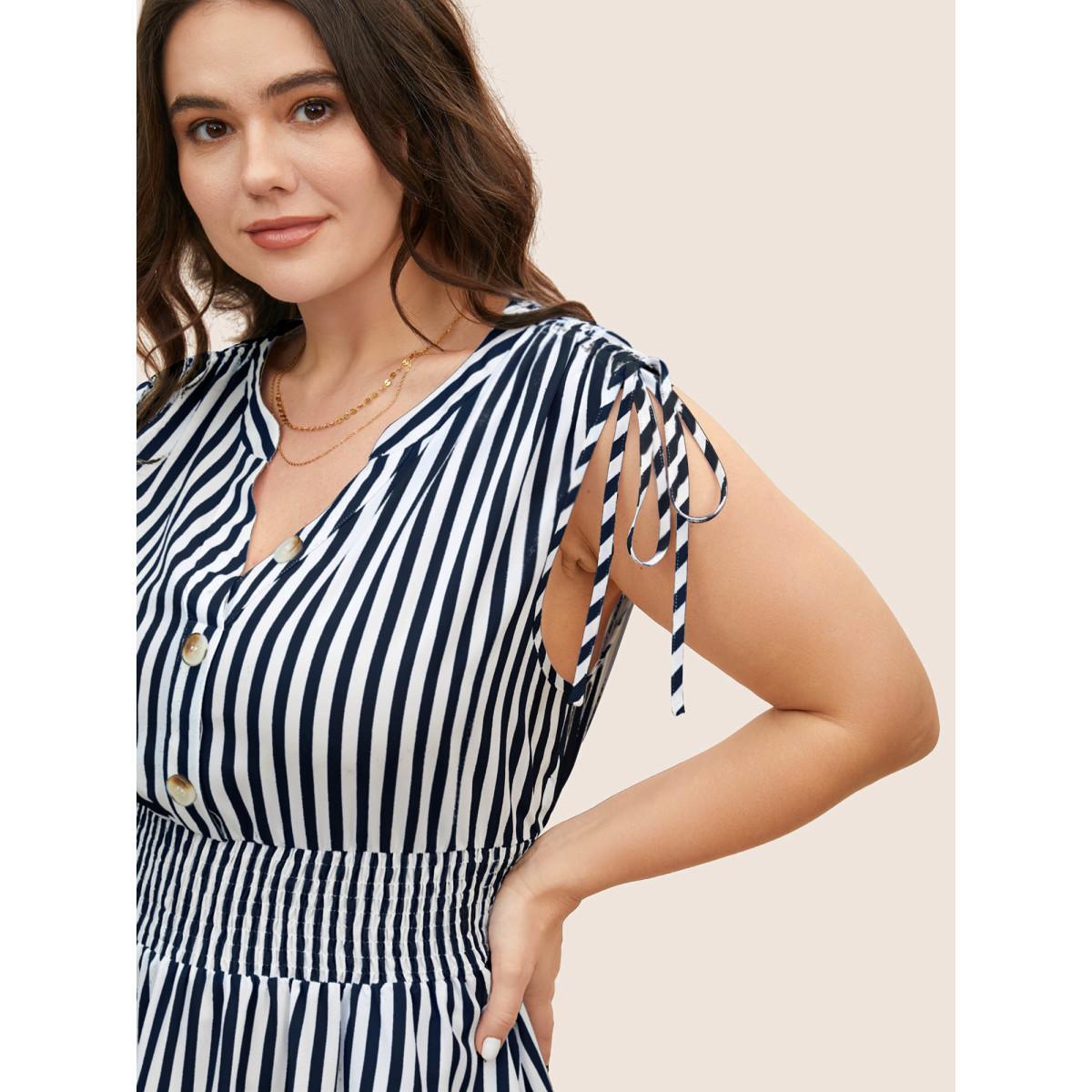Plus Size Striped Drawstring Shirred Dolman Sleeve Dress Indigo Women Work From Home Drawstring Flat collar with V-notch Sleeveless Curvy BloomChic 10/M Product Image