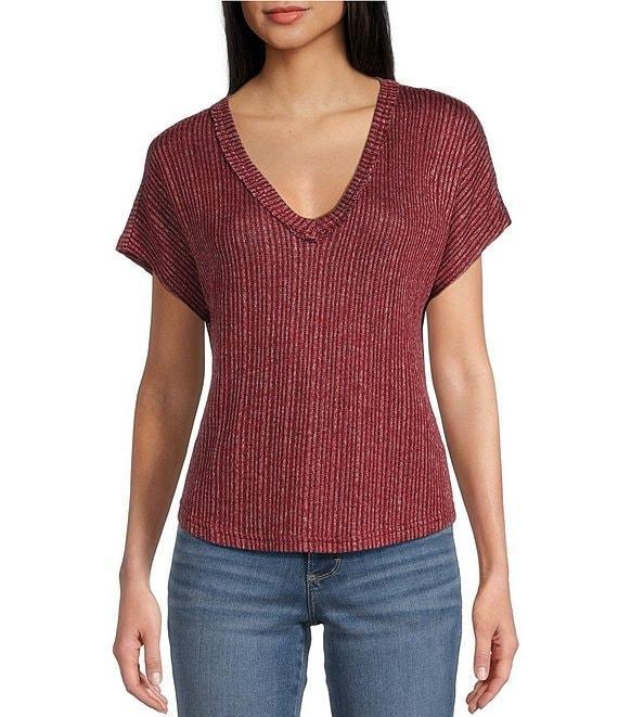 Blu Pepper Sweater Knit V-Neck Short Sleeve Top Product Image