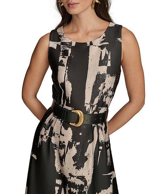 Donna Karan Abstract Print Crew Neck Sleeveless Belted Scuba A-Line Midi Dress Product Image