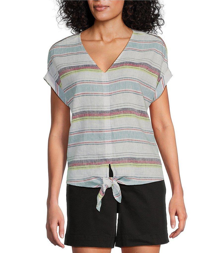 Westbound Meadow Stripe Short Sleeve V-Neck Tie Front Top Product Image