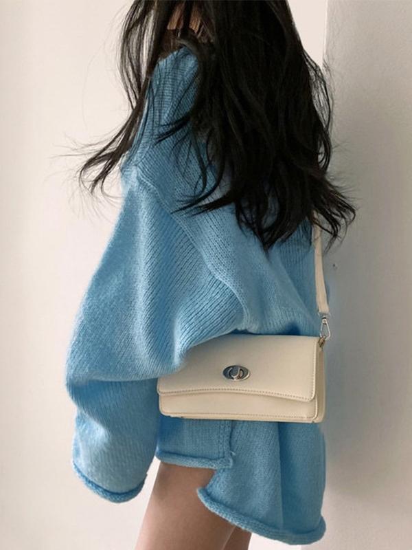 V Neck Rolled Hem Loose Sweater Product Image