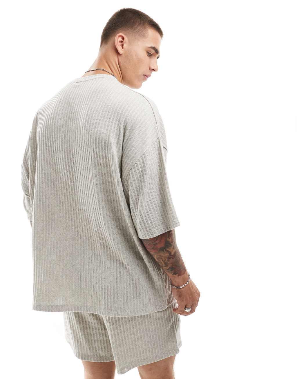 ASOS DESIGN rib lounge set with t-shirt and shorts in khaki  Product Image