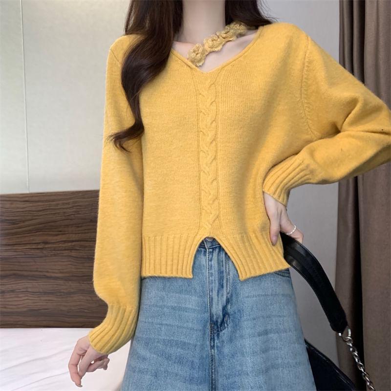 V-Neck Plain Crochet Floral Slit Cable Knit Sweater Product Image
