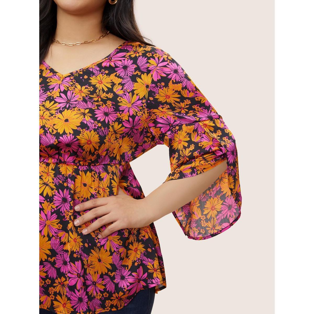 Plus Size Black Floral Print Elastic Waist Petal Sleeve Blouse Women Elegant Elbow-length sleeve V-neck Everyday Blouses BloomChic 26/4X Product Image