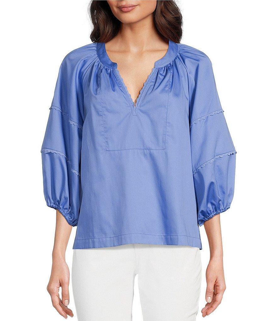 tyler boe Molly Woven Banded Split V-Neck 3/4 Balloon Sleeve Raglan Shoulder Lace Trim Top Product Image