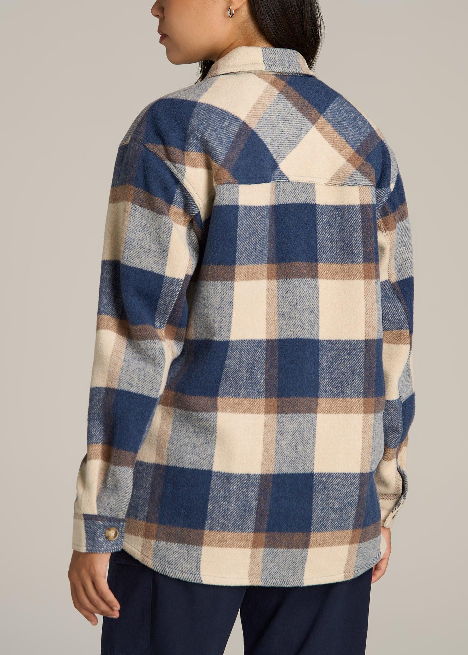Flannel Women's Tall Shacket in Cream and Denim Blue Paid Product Image