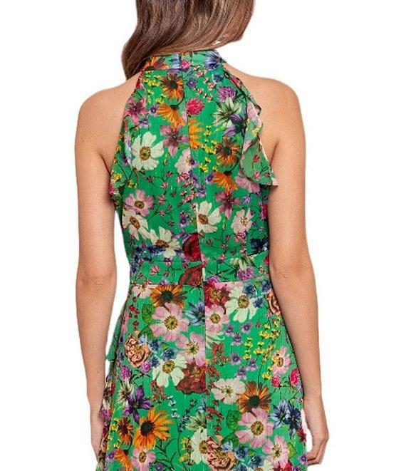 Betsy & Adam Petite Size Sleeveless Halter Neck Floral Chiffon Maxi Fit and Flare Dress Product Image