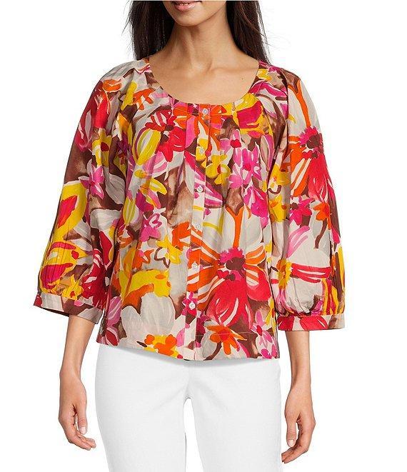FRANCES VALENTINE Zoe Sun Floral Print Scoop Neck 3/4 Sleeve Blouse Product Image