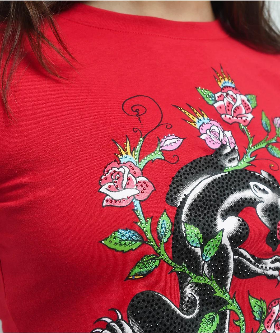 Ed Hardy Panther Rhinestone Cherry Crop T-Shirt Product Image
