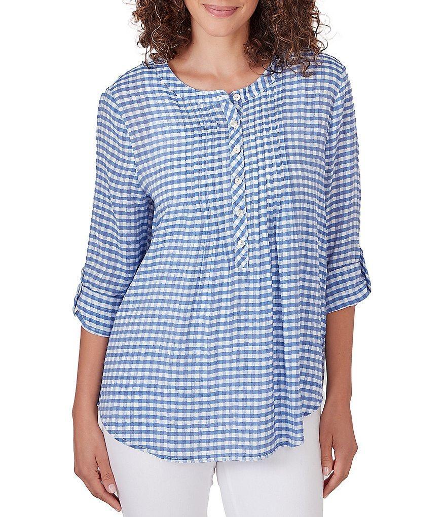 Ruby Rd. Silky Gauze Gingham Print Scoop Neck 3/4 Roll-Tab Sleeve Top Product Image