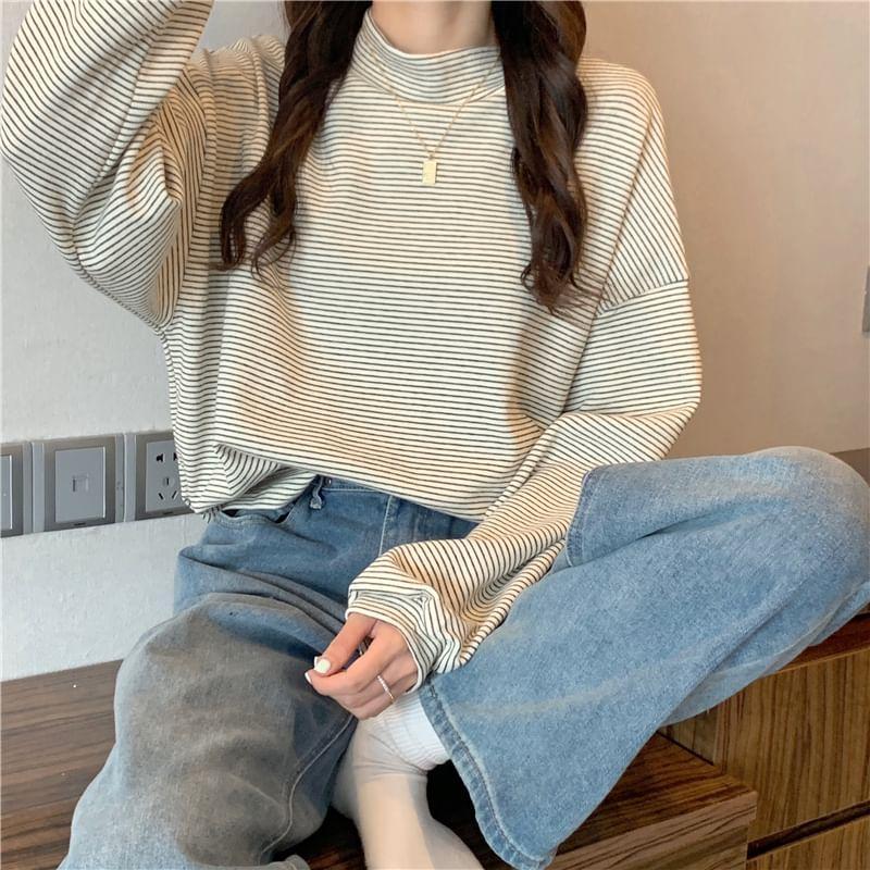 Long-Sleeve Mock Neck Striped T-Shirt Product Image