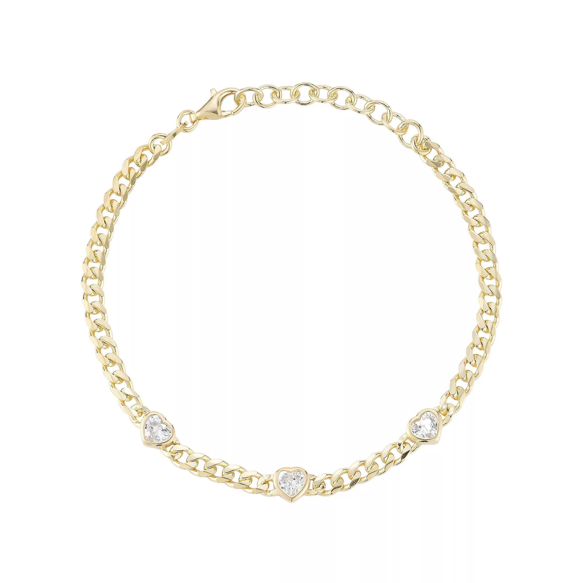 Sunkissed Sterling Cubic Zirconia Tri-Heart Curb Chain Bracelet, Women's, Size: 7", Gold Tone Product Image