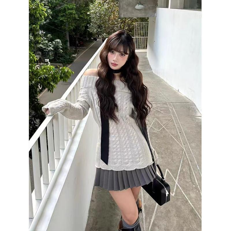 Off-Shoulder Plain Cable Knit Sweater / High Rise Plain Pleated Mini A-Line Skirt Product Image