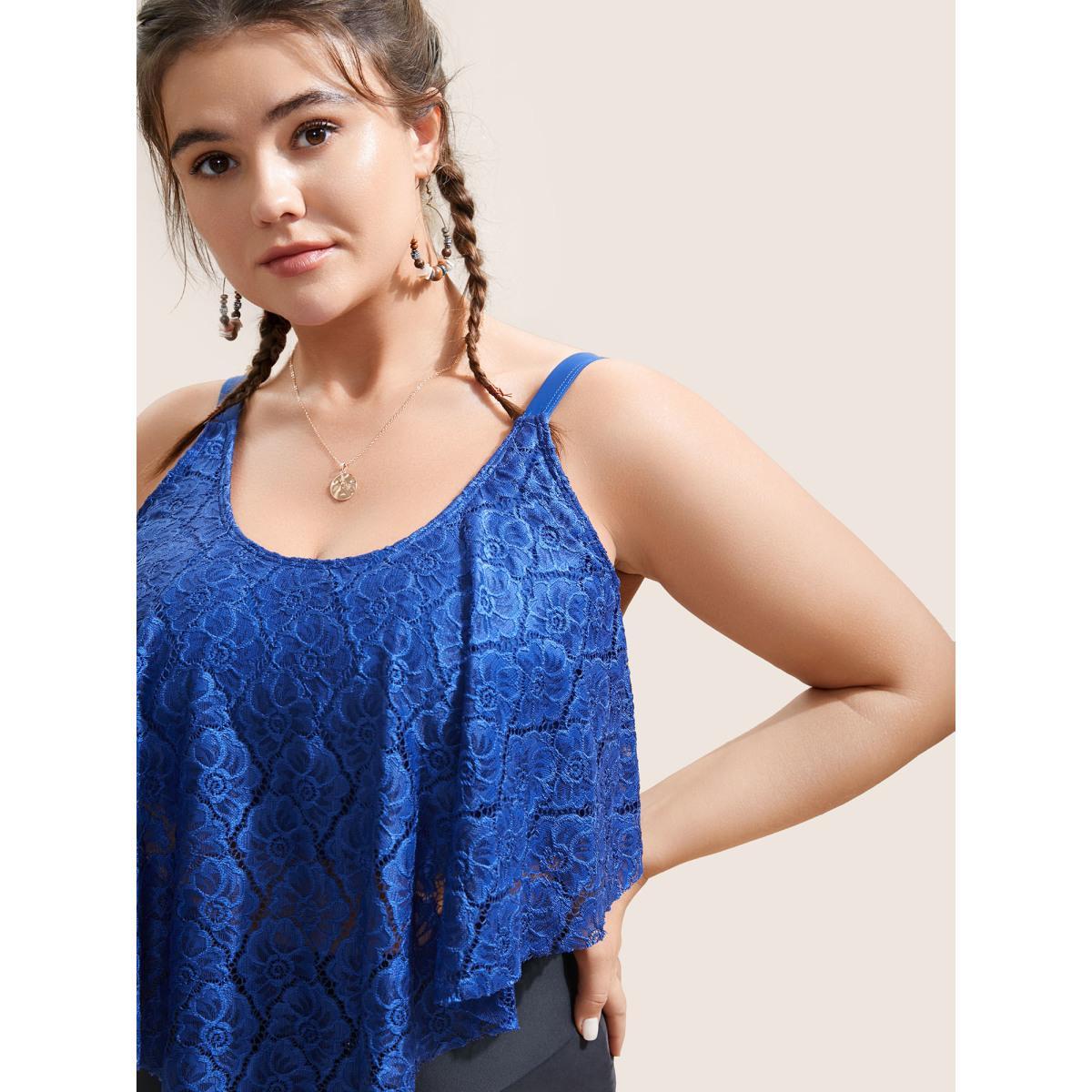 Plus Size Plain Lace Panel Adjustable Straps Swim Top Women's Swimwear Navy Beach Non High stretch Bodycon U-neck Curve Swim Tops BloomChic 14-16/1X Product Image