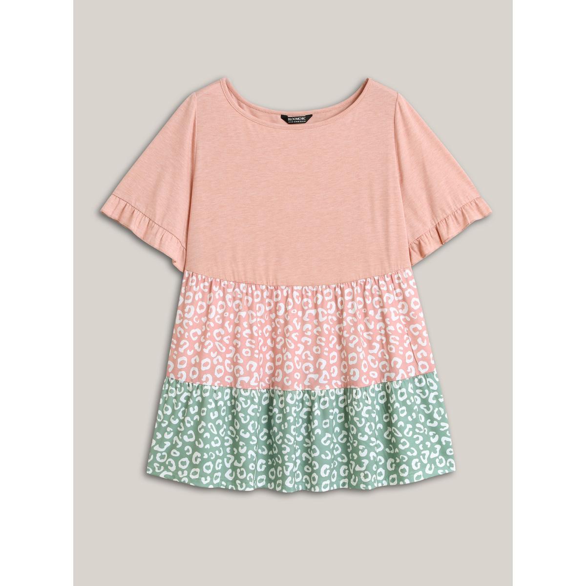 Plus Size Spliced Printed Tiered Ruffled Sleeve T-Shirt Multicolor Women Casual Gathered Round Neck Everyday T-shirts BloomChic 18-20/2X Product Image