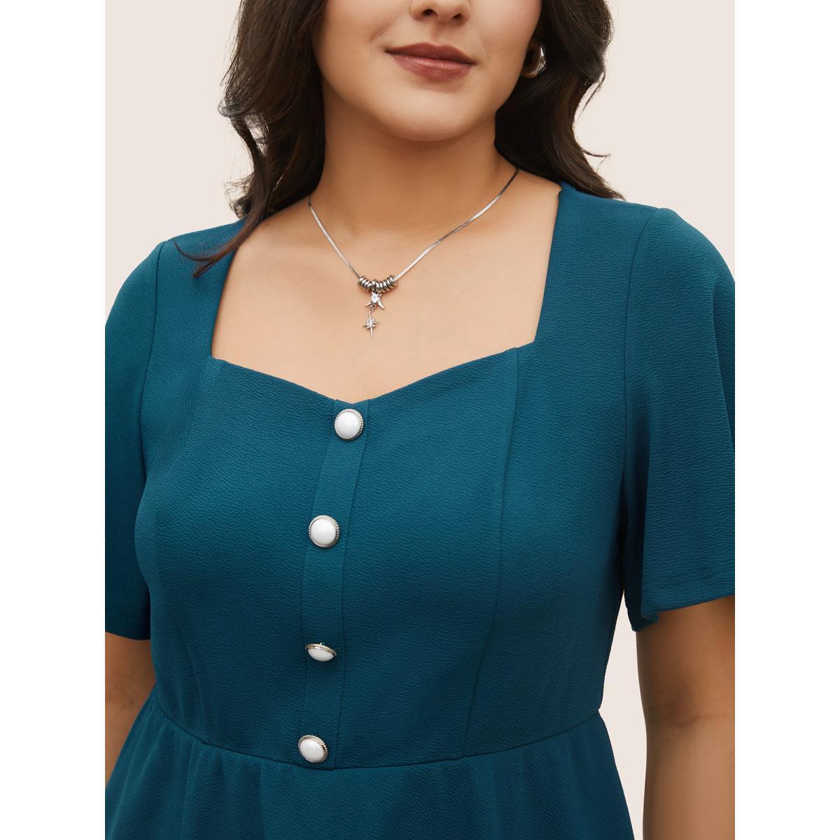 Plus Size Cerulean Plain Texture Square Neck Button Detail Blouse Women At the Office Short sleeve Square Neck Work Blouses BloomChic 26/4X Product Image