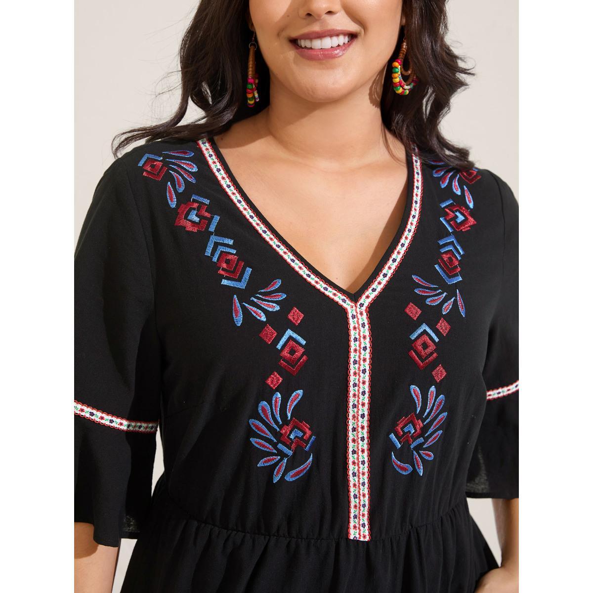 Plus Size Pure Cotton Embroidered Pockets Midi Dress Black Women V-neck Half Sleeve Curvy BloomChic 14-16/1X Product Image