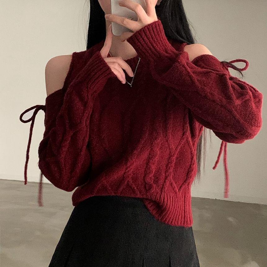 Cold-Shoulder Long-Sleeve Plain Bow Sweater Product Image