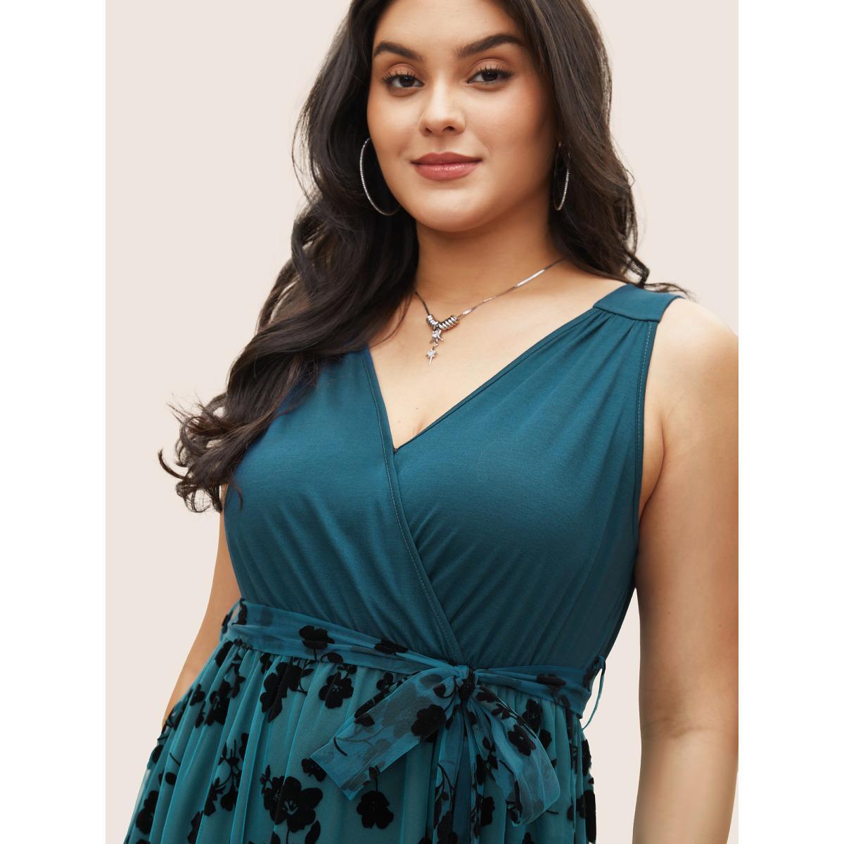 Plus Size Floral Mesh Patchwork Surplice Neck Tank Dress Cerulean Women Cocktail Non Overlap Collar Sleeveless Curvy Midi Dress BloomChic 26/4X Product Image