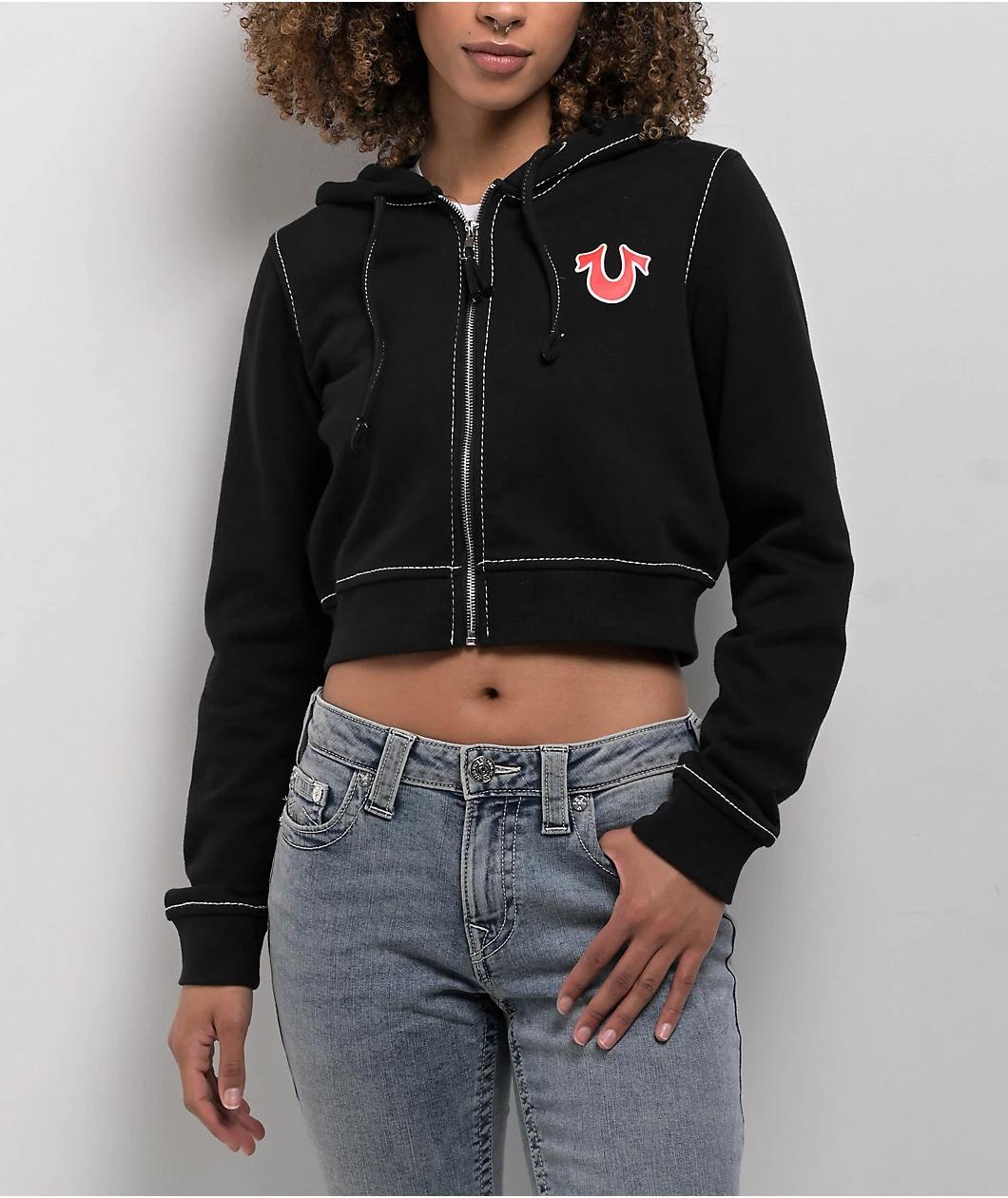 True Religion Big T Black Crop Zip Hoodie Product Image