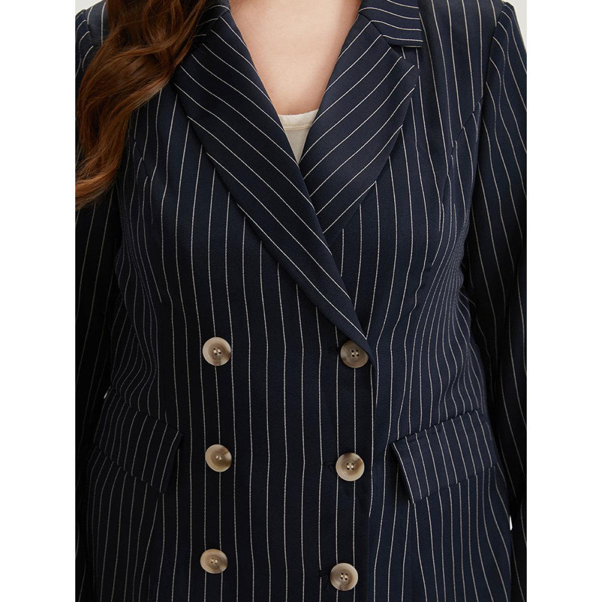 Plus Size Suit Collar Striped Double Breasted Blazer Blue Women Work Striped Button Sleeve Long Sleeve Suit Collar 12/L Pocket Office Blazers BloomChic Product Image