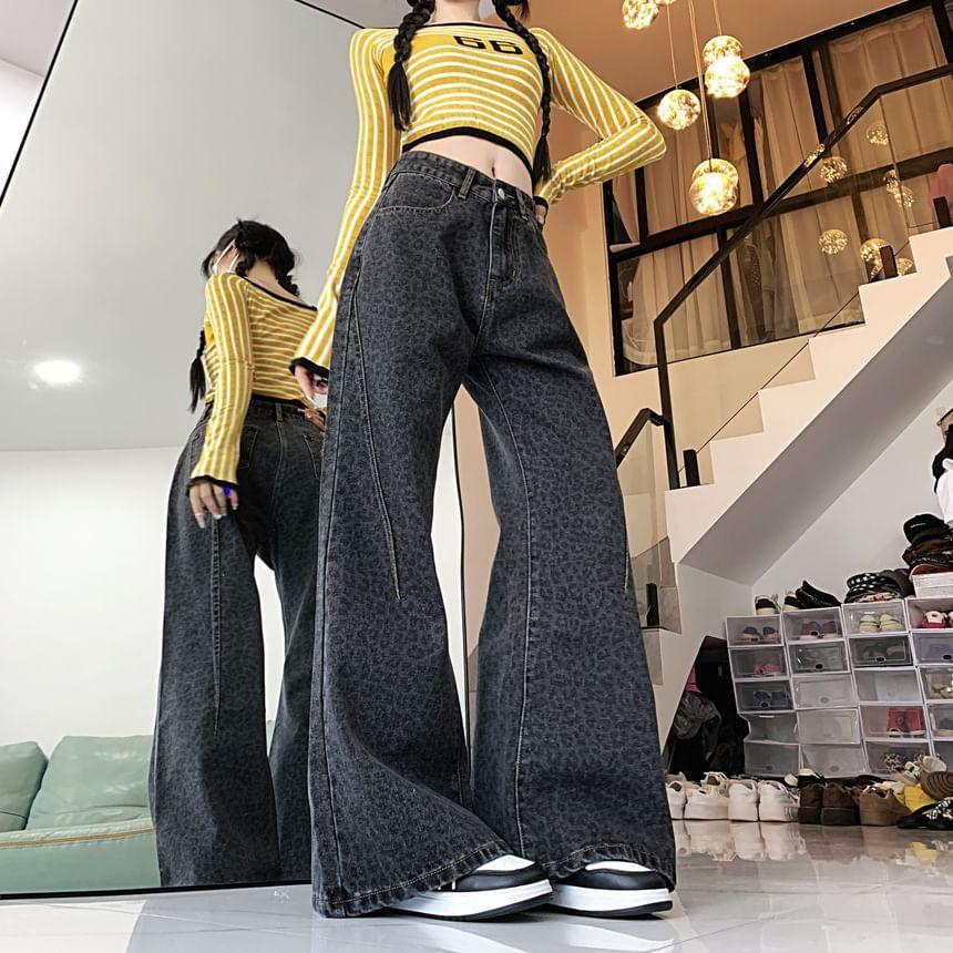 High Rise Washed Leopard Print Wide Leg Jeans Product Image