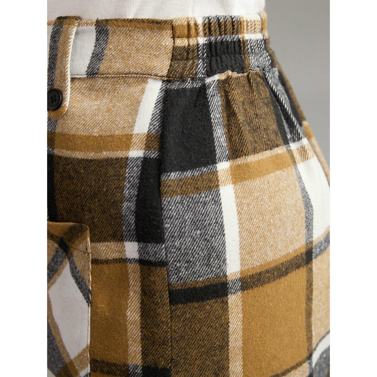 Plus Size Plaid Button Detail Patched Pocket Skirt Women Tan Office Elastic Waist Bodycon No stretch Pocket Work Skirts BloomChic 28/5X Product Image