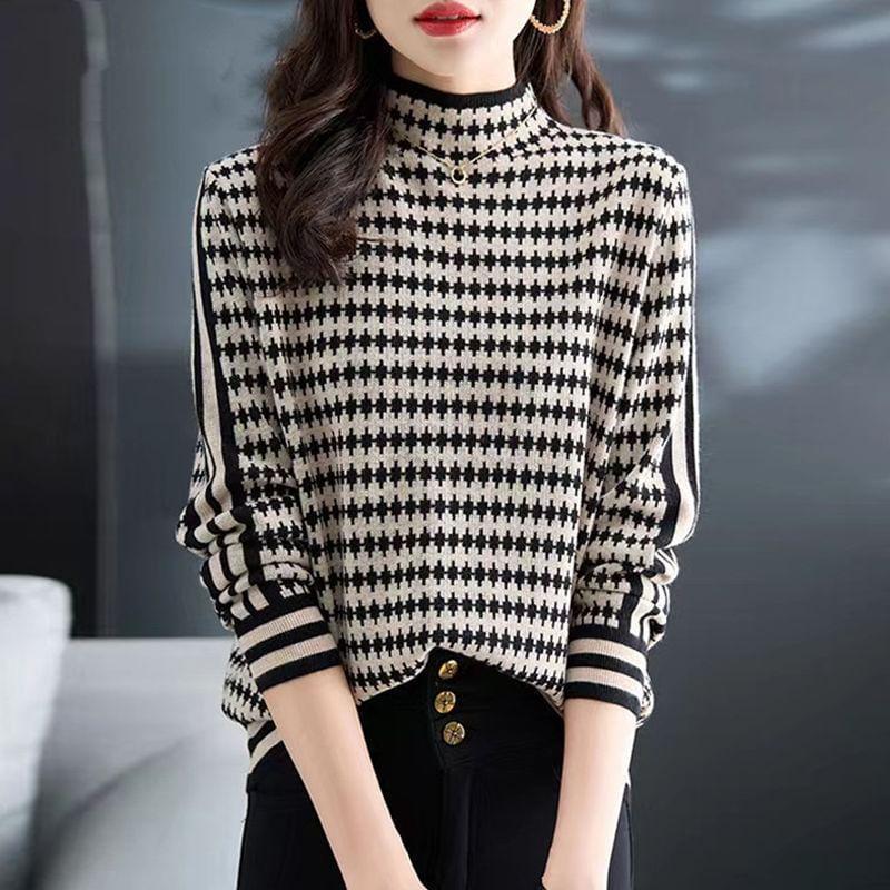 Long-Sleeve Mock Neck Two Tone Sweater Product Image