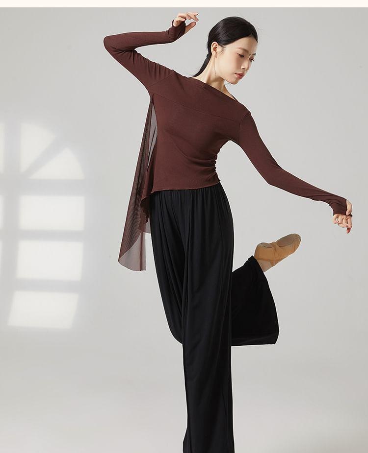 Long-Sleeve Boat Neck Plain Thumbhole Asymmetrical Dance Top / Elbow-Sleeve Dance Top Product Image