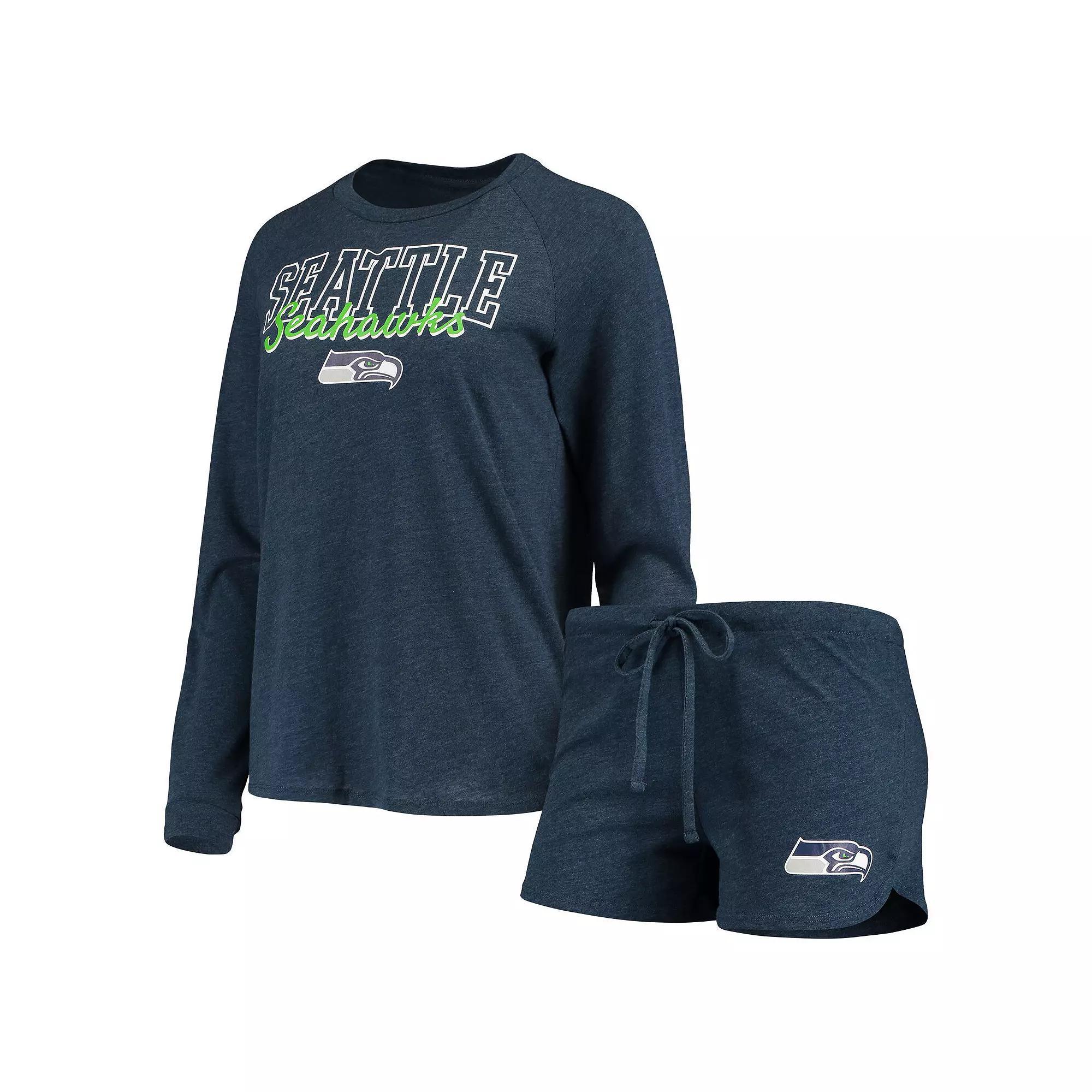 Women's Concepts Sport College Navy Seattle Seahawks Meter Knit Long Sleeve Raglan Top & Shorts Sleep Set, Size: Medium, Blue Product Image
