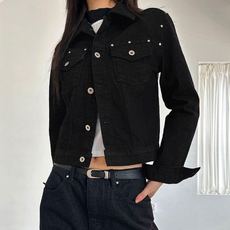 Long Sleeve Studded Denim Jacket Product Image