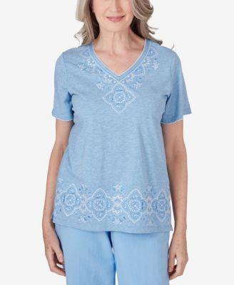 Alfred Dunner Womens Hyannisport V-Neck Embroidered Medallion Top Product Image