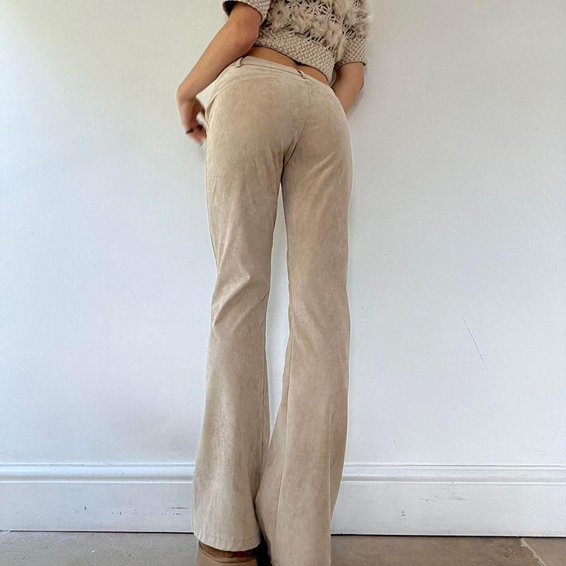 Low Waist Plain Suede Slim-Fit Boot-Cut Pants Product Image