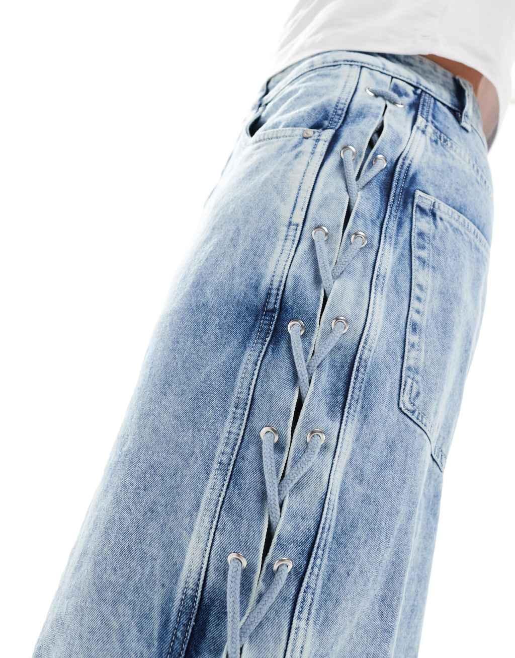 ASOS DESIGN standard length denim jorts with tie up detail in light wash blue Product Image