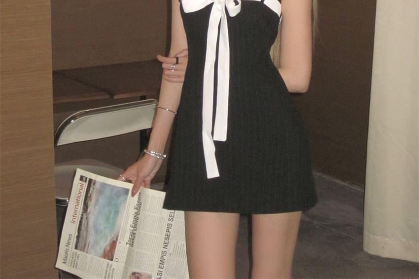 Strapless Pinstriped Bow Mini A-Line Dress Product Image