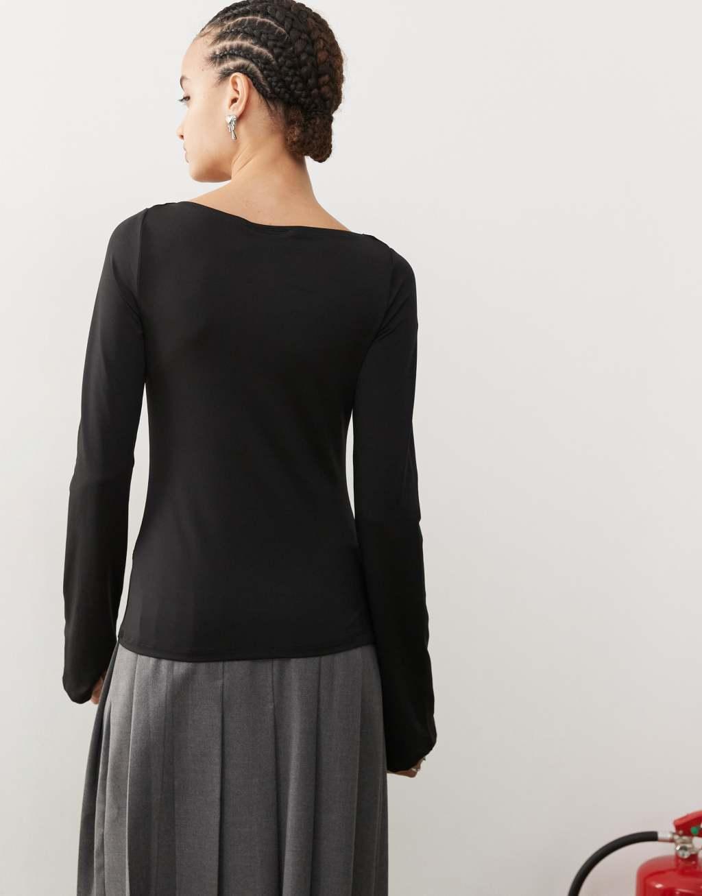Weekday Annie boat neck long sleeve top in black Product Image