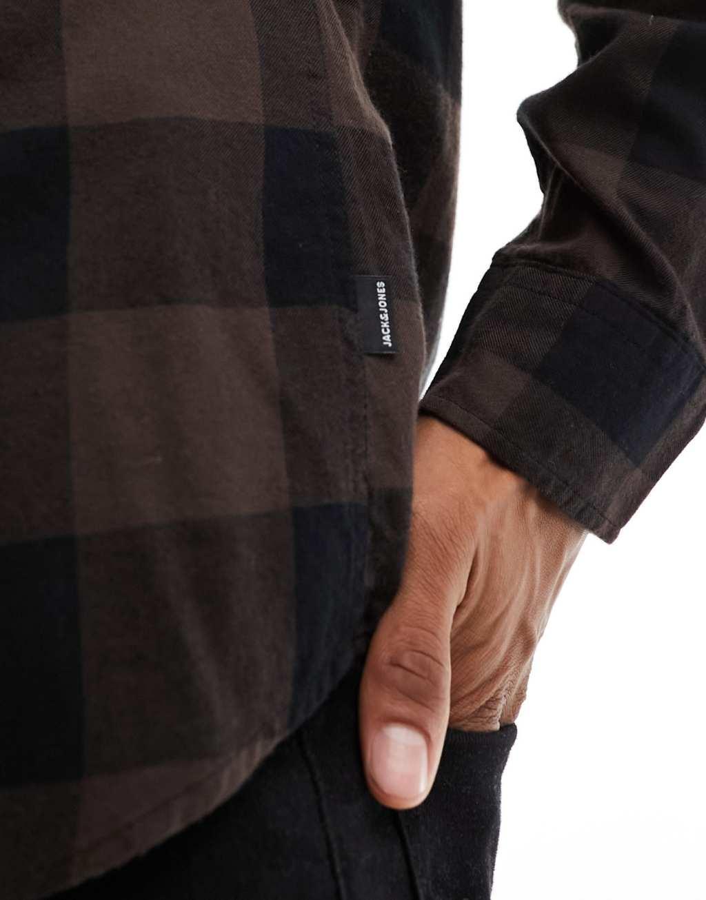 Jack & Jones Essentials flannel buffalo check shirt in black & white  Product Image