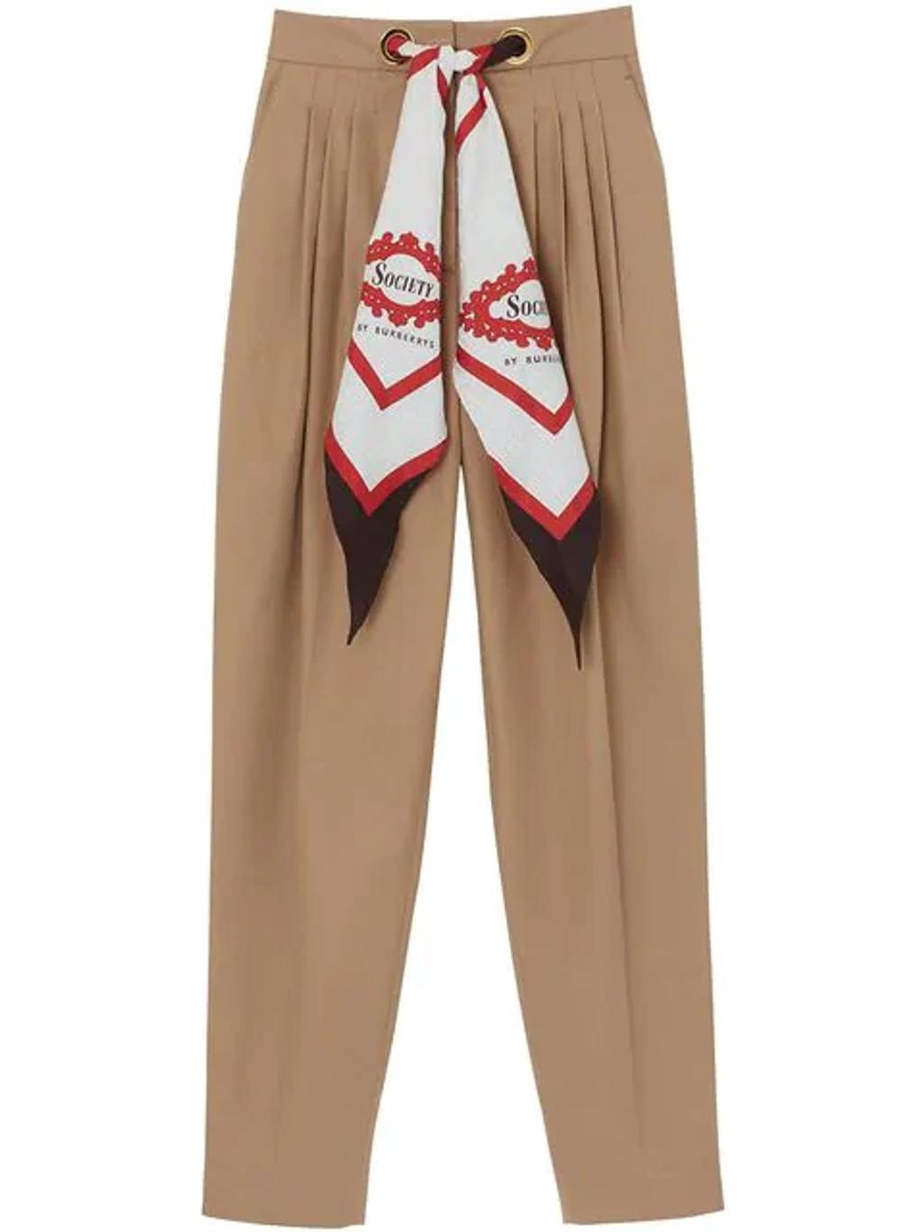 BURBERRY Silk-trimmed Pleated Cotton-twill Tapered Pants In Light Brown Product Image