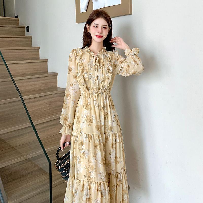 Long-Sleeve Floral Print Maxi A-Line Dress Product Image