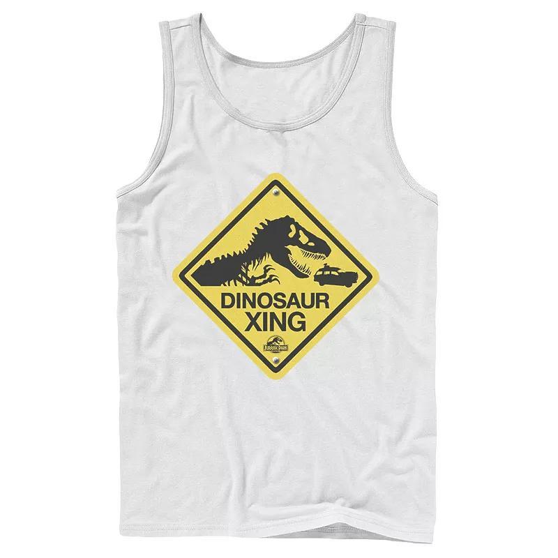Men's Jurassic Park Dinosaur Crossing Yellow Sign Tank Top, Size: Small, Grey Product Image