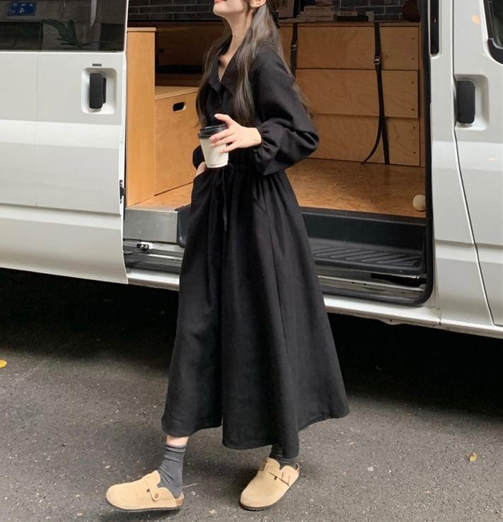 Long-Sleeve Plain Midi A-Line Shirt Dress Product Image