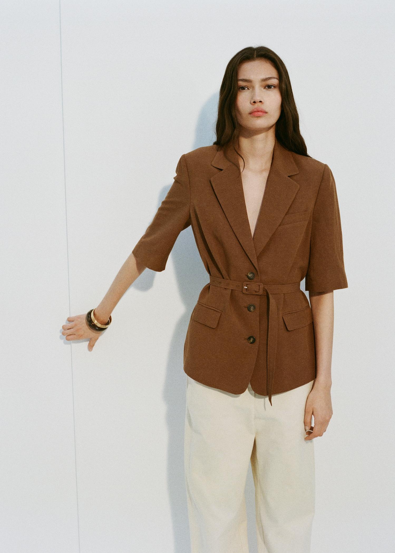 Linen-blend suit blazer with belt - Women | MANGO USA Product Image