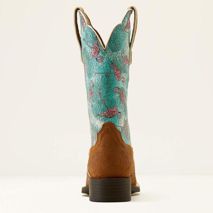 SALE Ariat® Ladies' Round Up Brown Tooled/Flamingo Top Square Toe Boots Product Image